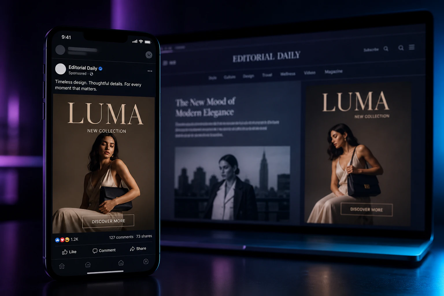 Phone and laptop showing LUMA advertising on a publisher surface