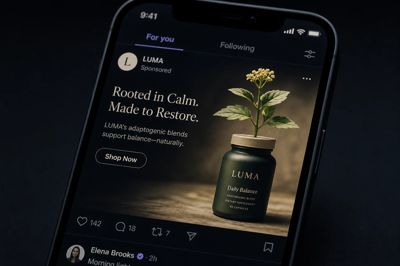 A phone showing a LUMA native advertisement inside a publisher feed